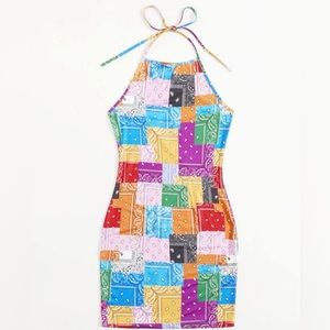 Paisley patchwork print tie back halter dress